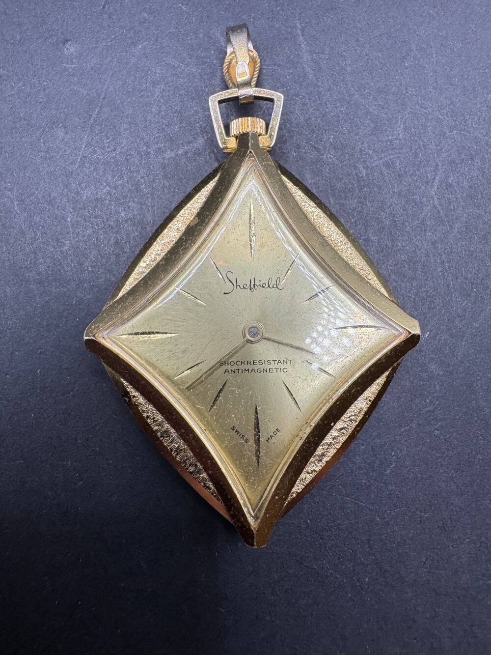 Vintage Sheffield Shock Resistant Swiss Made Pendant Watch Gold Tone Manual Wind